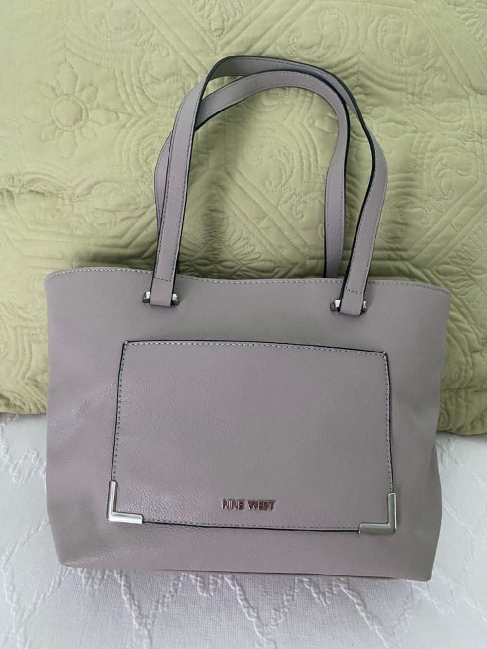 Nine West Light Gray Leather Tote with Front Pocket